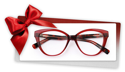 glasses Christmas gift card with shiny red ribbon bow, eyewear isolated on white ticket background,...