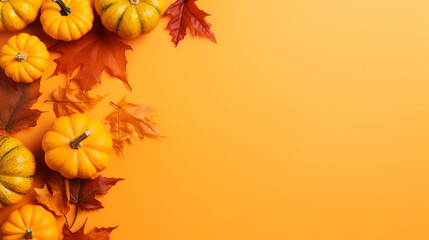 autumn paper decorations and rustic fall leaves on orange background