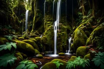 Imagine A hidden waterfall cascading down a moss-covered cliff in a lush tropical rainforest, surrounded by vibrant flora. --