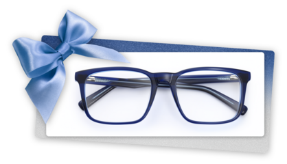 glasses Christmas gift card with shiny blue ribbon bow, eyewear isolated on white ticket, copy space template for promotional and shopping banner or sale price offer label, blue spectacles