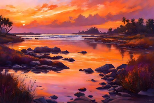 Imagine A serene coastal inlet during a vibrant sunrise, with the first light of day painting the sky in hues of orange and purple. --