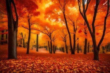 Imagine A vibrant autumn scene with trees ablaze in red, orange, and yellow leaves, creating a w