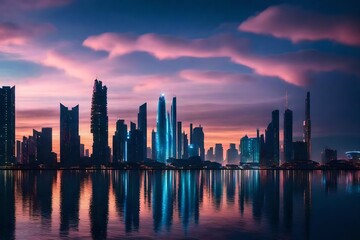 Fototapeta na wymiar A surreal, floating cityscape with futuristic buildings reaching into the clouds. The city lights reflect on the calm waters below, creating a captivating vision of urban utopia. --