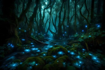 Imagine A dense, mystical forest illuminated by the soft glow of bioluminescent plants, creating an otherworldly scene. --