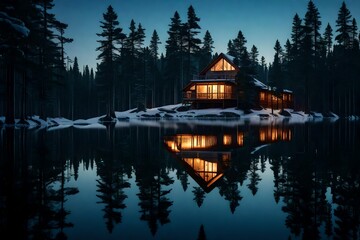 Obraz premium Imagine A peaceful lakeside cabin surrounded by towering pine trees, reflecting in the still waters of the lake during a tranquil evening. --