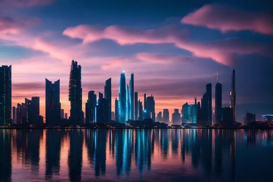 A surreal, floating cityscape with futuristic buildings reaching into the clouds. The city lights reflect on the calm waters below, creating a captivating vision of urban utopia. --
