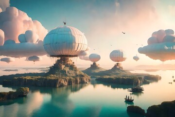 Imagine A surreal landscape with floating islands suspended in a dreamy, pastel-colored sky. --