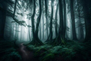 A dense fog rolling through a mysterious and ancient forest, shrouding towering trees in an ethereal mist. The play of light and shadows creates an enigmatic atmosphere. --