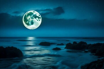 Imagine A surreal seascape with bioluminescent jellyfish lighting up the ocean depths beneath a full moon. --