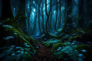Imagine A dense, mystical forest illuminated by the soft glow of bioluminescent plants, creating an otherworldly scene. --