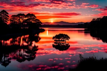 A breathtaking sunset over a tranquil lake, reflecting vibrant hues of orange and pink in the calm waters. The silhouette of distant trees adds to the serenity of the scene. --