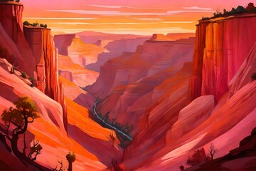 Imagine A canyon at sunrise, with the first light of day painting the rugged cliffs in shades of...