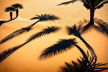 Imagine A surreal desert oasis, with palm trees casting long shadows on the sand and a shimmering oasis in the background. --