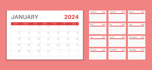 Modern and Simple Vector 2024 Calendar. Minimal 2024 Calendar Template. Wall quarterly calendar template for 2024. Week starts Sunday corporate design planner template.