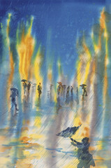People walking in the rain at night city lights watercolor background