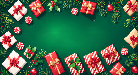 Christmas background with gift boxes, candy canes and holly leaves.