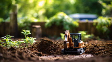 Mini digger preparing soil beneath backyard garden - obrazy, fototapety, plakaty