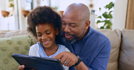 Dad, daughter and tablet with smile on sofa for games, streaming or elearning in living room of home. Black family, man and girl child with touchscreen, happiness or technology for watching movie