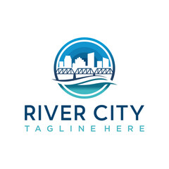 River city with Moon / Sun Background Buildings Logo Design Vector, River City With Bridge Logo Design Inspiration	