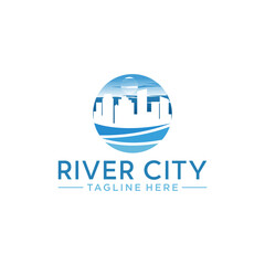 River city with Moon / Sun Background Buildings Logo Design Vector, River City With Bridge Logo Design Inspiration	