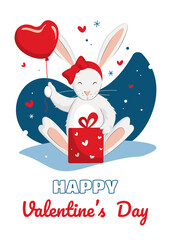Valentine's Day card with cute bunny, heart balloon and gift box. Greeting card, holiday banner, web poster. Vector illustration isolated on white background