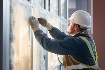 worker in his uniform  doing house insulation using his professional insulation techniques 