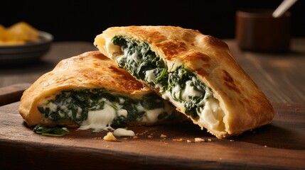 A mouth-watering angle capturing the layers of a Calzone, with ricotta and spinach peeking out from the golden-brown crust. - obrazy, fototapety, plakaty