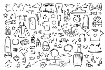 Barbiecore set in doodle style. Trendy set, cute doll aesthetic accessories, car and clothing. Caddy cabriolet for Barbie girl. Suitcase, headphones,
perfume, rollers, sunglasses, handbag. Hand drawn.
