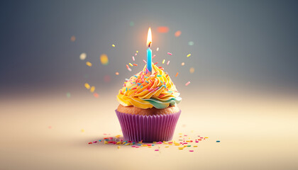 birthday cupcake with candle colorful rainbow color - obrazy, fototapety, plakaty