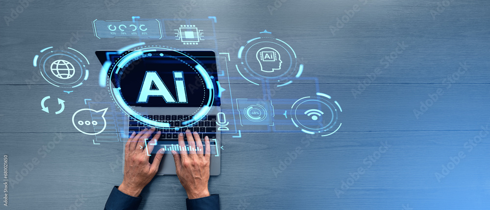 Poster man hands with laptop and ai interface