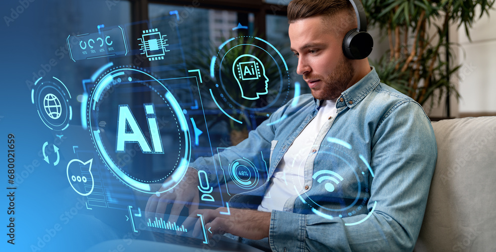 Poster man with headphones working with ai technology on virtual screen