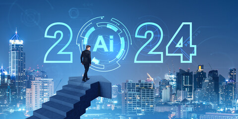 Businessman walking on concrete rising arrow, ai with 2024 and panoramic skyline