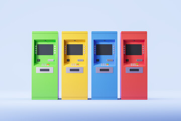 Colorful ATM banks in row on light blue background, cash concept