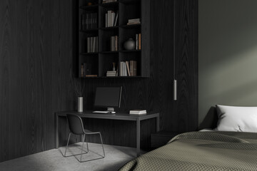 Gray and wooden bedroom corner with workplace