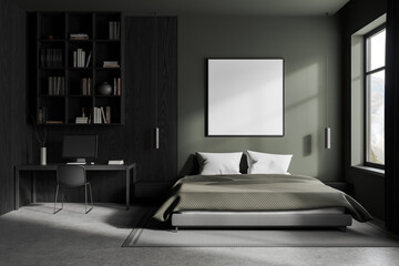 Dark hotel bedroom interior bed and workspace, panoramic window. Mockup frame