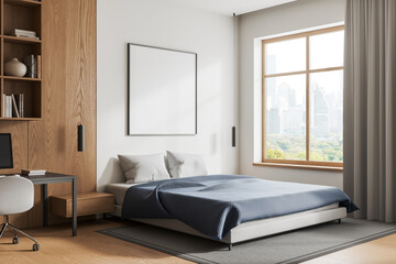 Fototapeta na wymiar Elegant home bedroom interior bed and workspace, panoramic window. Mockup frame