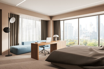 Naklejka na ściany i meble Beige home bedroom interior with workplace, bed and couch near window