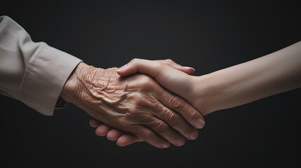 Taking care of the elderly concept with young woman holding the hand of a senior, PNG, 300 DPI