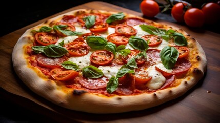 A pepperoni and caprese pizza with vibrant tomatoes and fresh mozzarella, reminiscent of a classic Italian salad.