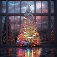 Colorful stained glass, mosaic Christmas tree in front of the window. Concept of winter holidays, Xmas and New Year.