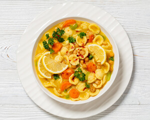 orecchiette pasta chickpea soup in white bowl