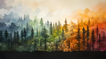 Fotobehang Mistig bos Watercolor Forest at Sunset