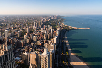 Chicago city skyscrapers aerial view, lake Michigan coastline