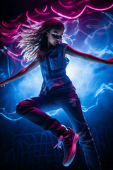 A beautiful young girl dances dynamically and passionately, illuminated by colorful neon lights. Let's go to a party!