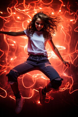 A beautiful young girl dances dynamically and passionately, illuminated by colorful neon lights. Let's go to a party!
