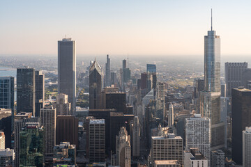 Fototapeta na wymiar Chicago city skyscrapers drone aerial view, lake Michigan and horizon line