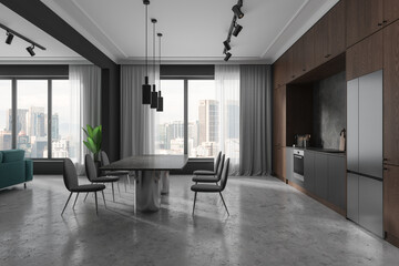 Stylish home flat interior with relax and dining space, panoramic window