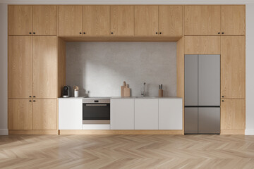 Modern home kitchen interior shelves and fridge with oven and kitchenware