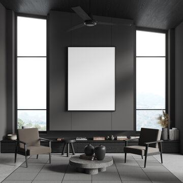 Black home relax room interior armchairs and window, mockup frame