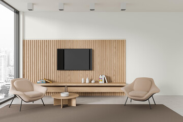 White and wooden living room interior with armchairs and TV